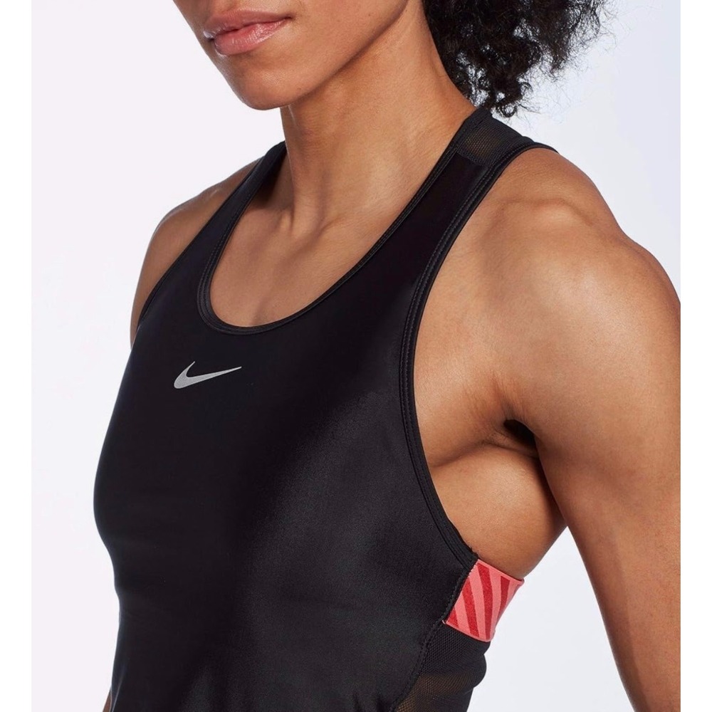 Nike Womens Black Mesh Racerback Cropped Training Tank Top Coral Stripe Accent
